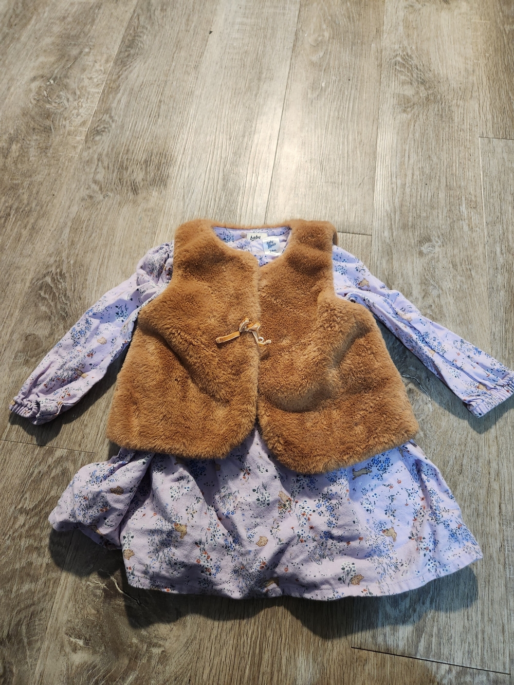 Toddler Girl's Lavender Floral Dress with Tan Faux-Fur Vest